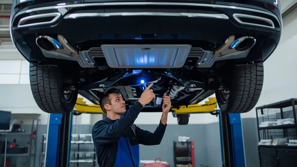 Mechanic performing a pre-purchase inspection on a used Mercedes E400 4MATIC, highlighting thoroughness.