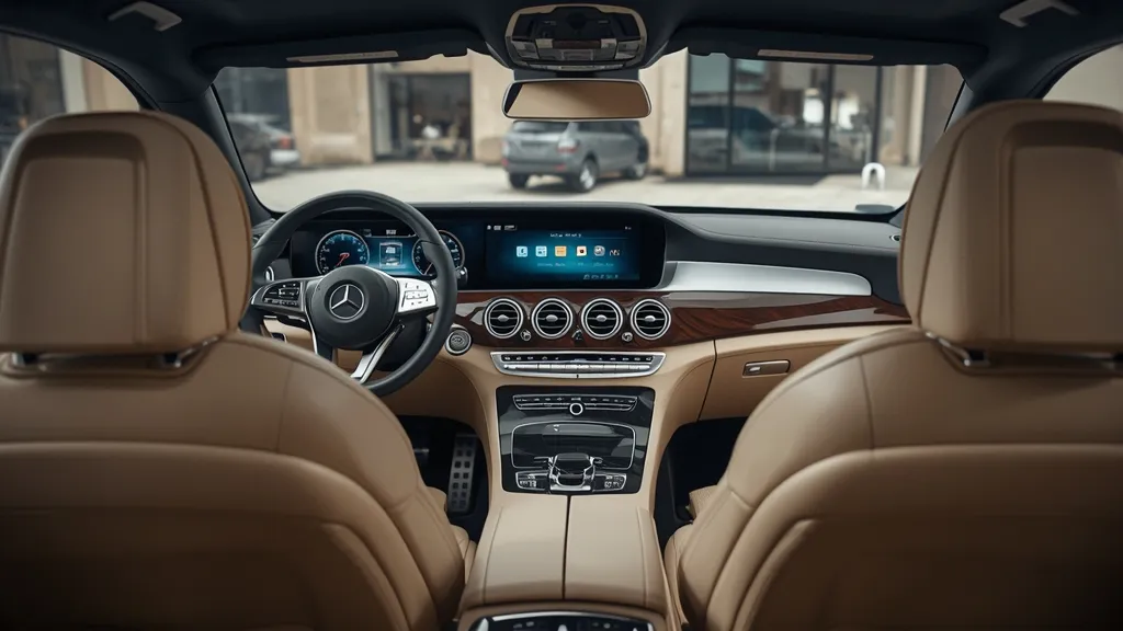 Luxurious Mercedes E400 Coupe interior, featuring dual screens, premium leather, and advanced infotainment system.