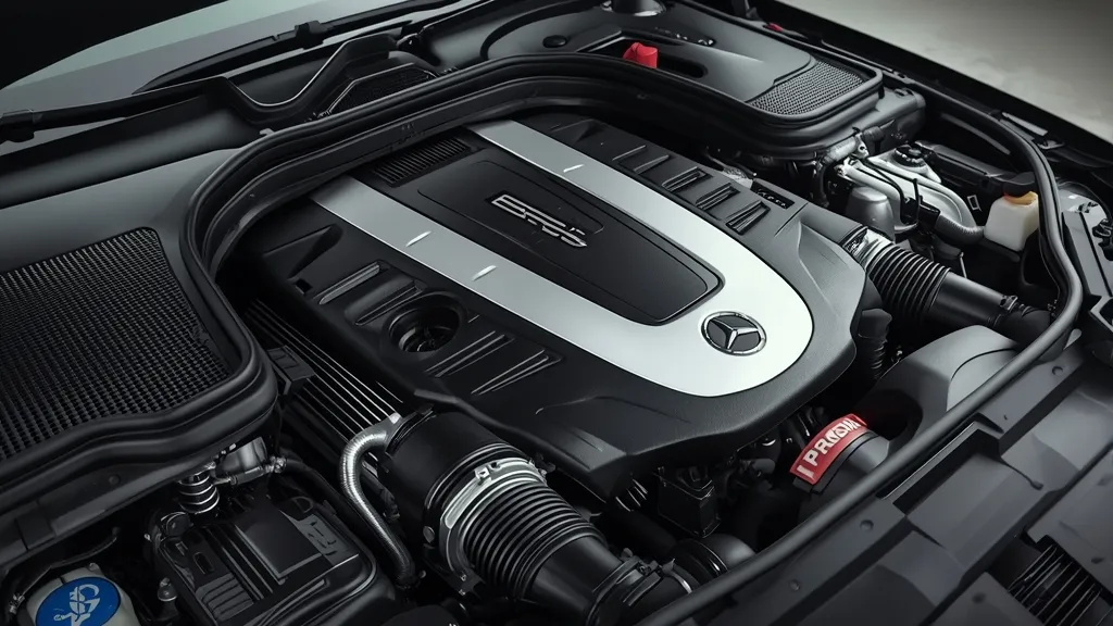 Detailed view of the M276 twin-turbo V6 engine in a Mercedes E400 Coupe, emphasizing its power and engineering.