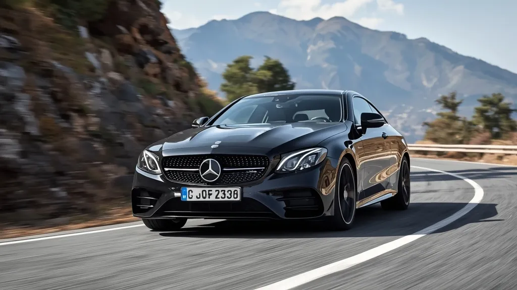 Mercedes E400 Coupe with AMG Line package, dynamically cornering on a winding road, showcasing its sporty stance.