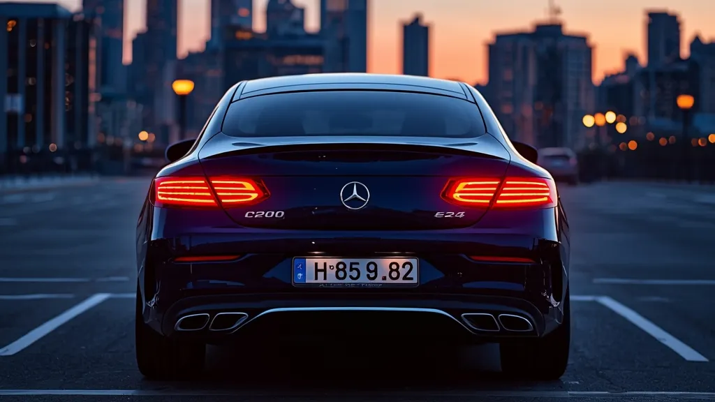 Rear view of a Mercedes E400 Coupe, highlighting its distinctive LED taillights and elegant, wide stance.