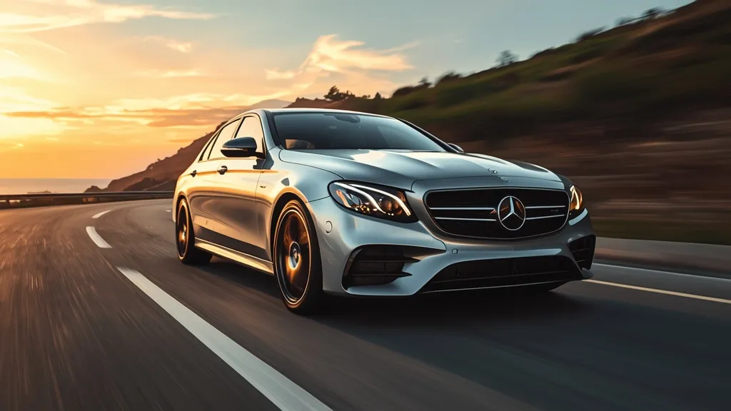 Dynamic shot of a sleek Mercedes E53 AMG W213 sedan, showcasing its elegant design and performance stance.