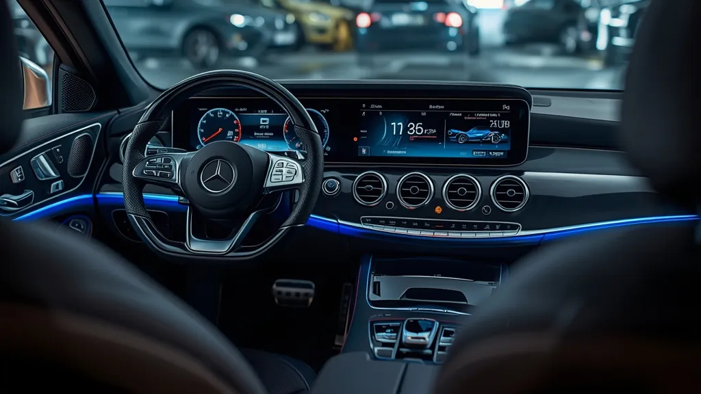 Detailed interior view of the Mercedes E53 AMG W213 cockpit, highlighting dual screens and luxury features.
