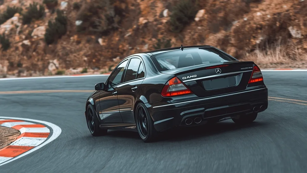 Mercedes E53 AMG W213 cornering dynamically, illustrating its agile handling and 4MATIC+ all-wheel drive.