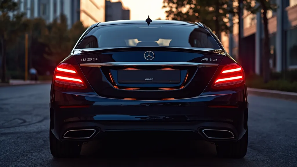 Elegant rear view of the Mercedes E53 AMG W213 at dusk, showcasing its quad exhaust and sophisticated design.