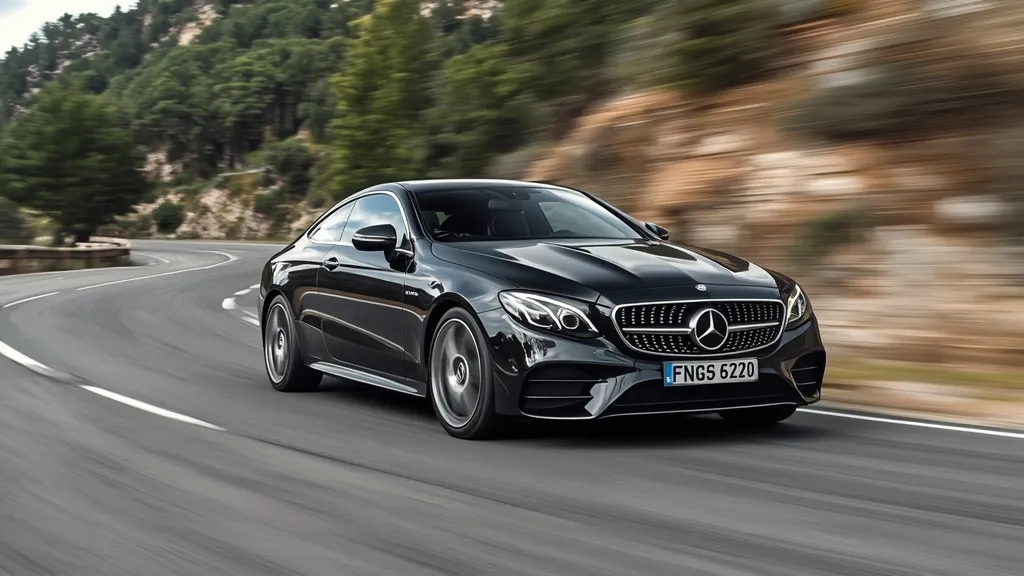 Mercedes E53 Coupe carving a corner, demonstrating AMG 4MATIC+ handling and performance.