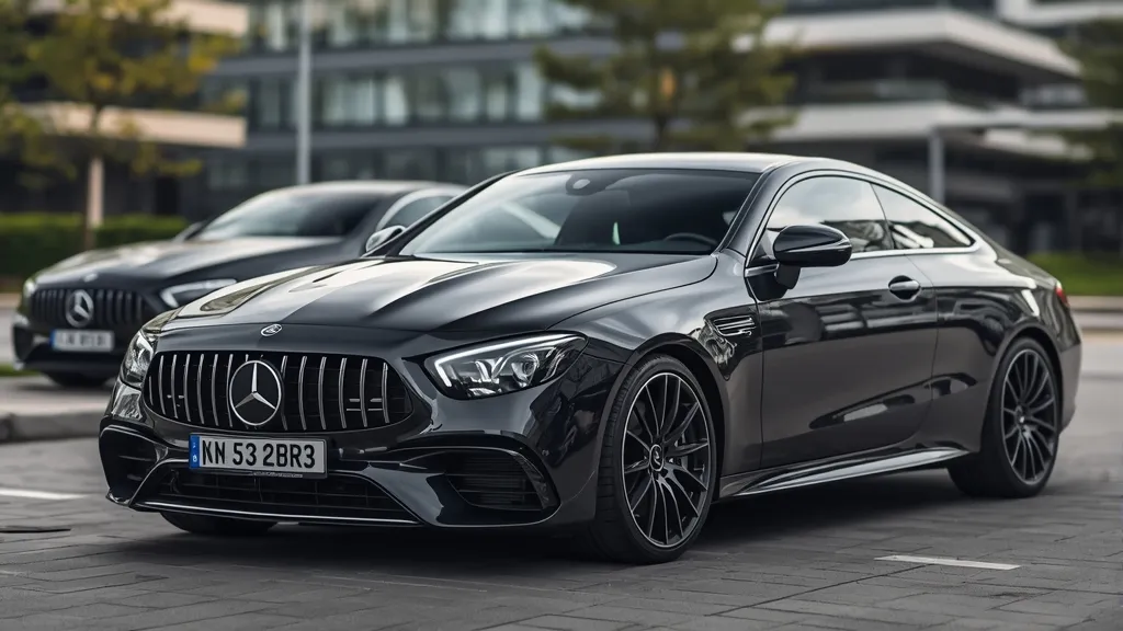 Mercedes E53 Coupe alongside a blurred, futuristic CLE 53 concept, symbolizing evolution.