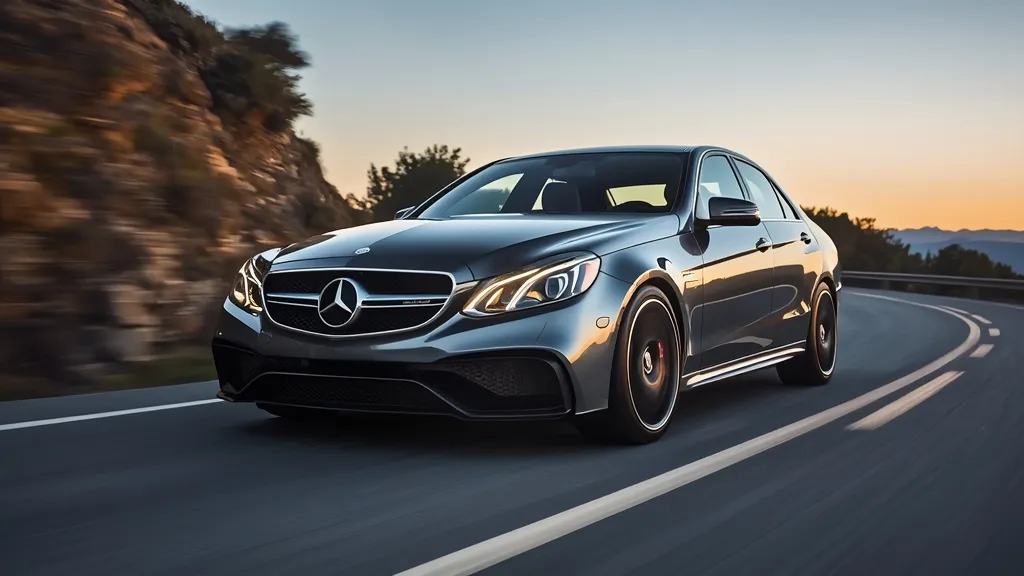 Pre-facelift Mercedes E63 AMG W212 sedan with M156 V8, showcasing its classic quad-headlight design.