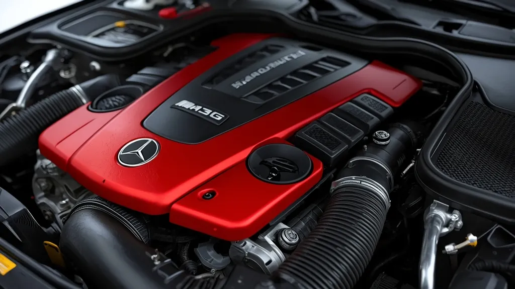 Detailed shot of the M156 6.2L V8 engine bay in a Mercedes E63 AMG W212, highlighting AMG craftsmanship.