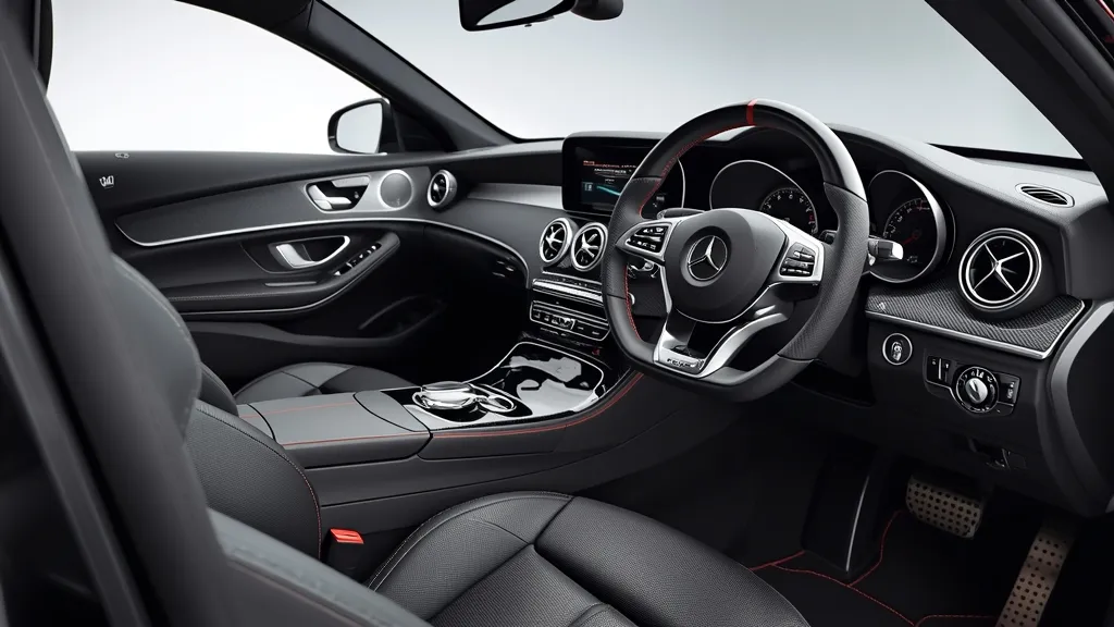 Luxurious interior of a Mercedes E63 AMG W212, showcasing AMG sport seats, steering wheel, and premium materials.