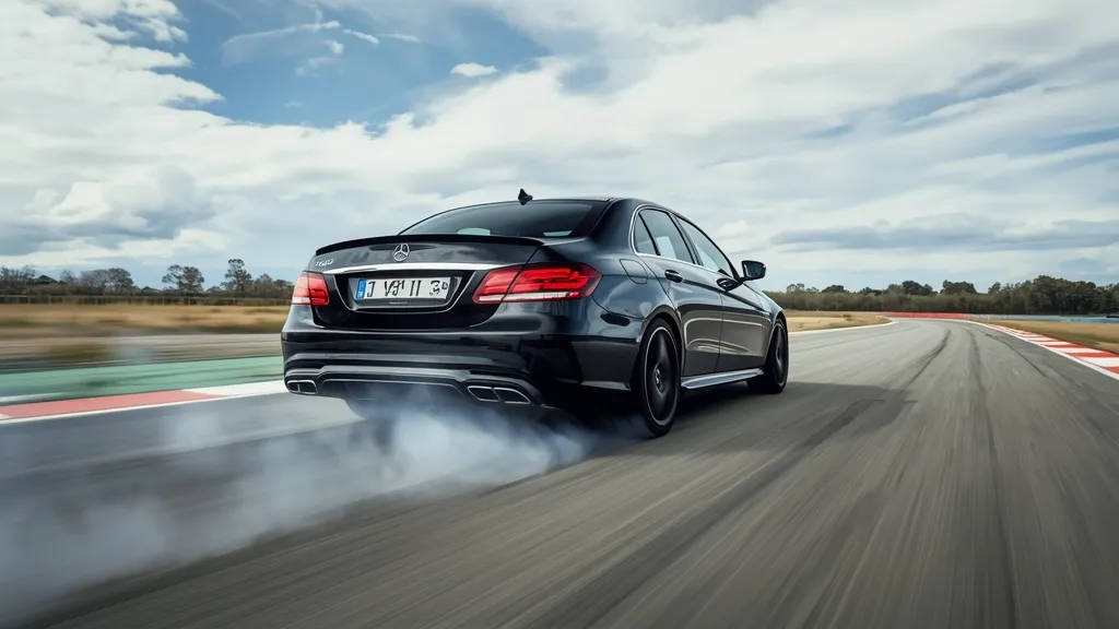 Mercedes E63 AMG W212 performing a dynamic launch, demonstrating the power of its M157 twin-turbo engine.