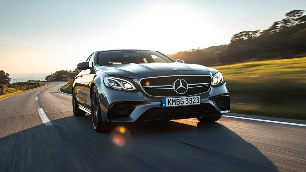 Mercedes E63 AMG W213 sedan driving dynamically on a winding road, showcasing its aggressive facelift design.