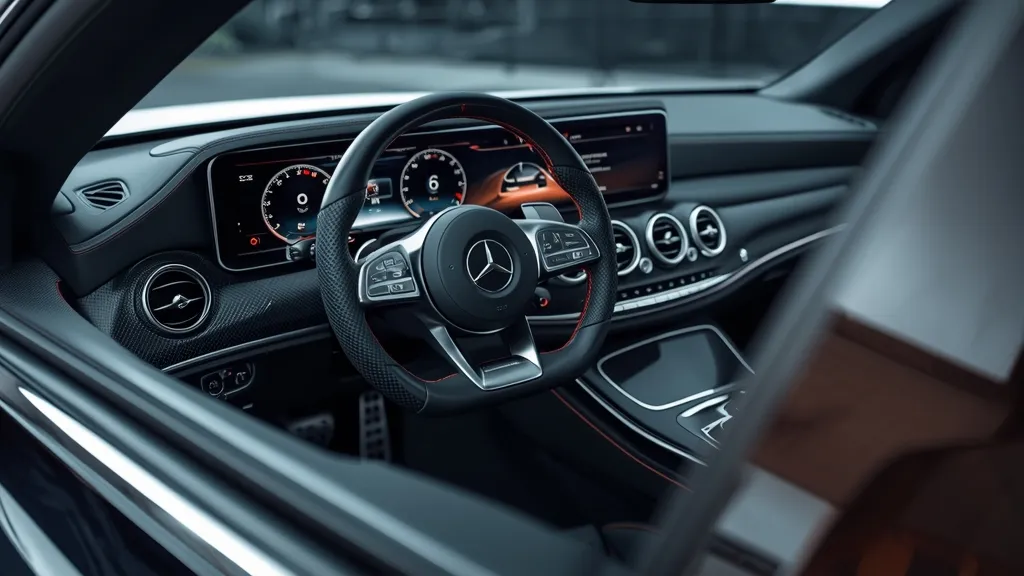 Luxurious interior of the Mercedes E63 AMG W213, highlighting the dual screens and AMG performance steering wheel.