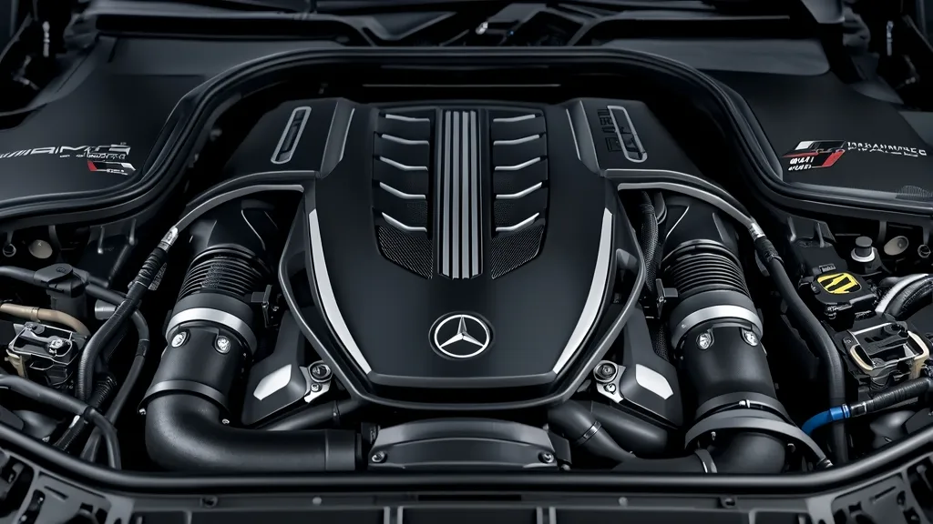 Detailed view of the M177 4.0-liter twin-turbo V8 engine in the Mercedes-AMG E63 W213 engine bay.