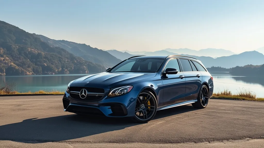 Mercedes-AMG E63 S Wagon W213 parked majestically by a serene lake, combining performance with practicality.