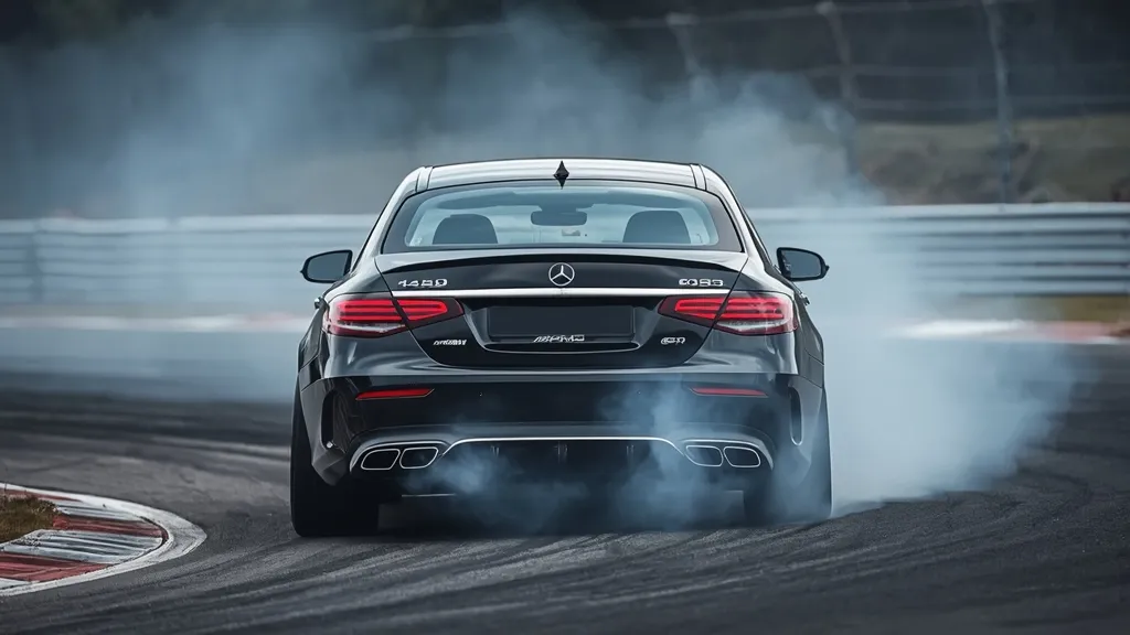 Rear view of a Mercedes-AMG E63 S W213 sedan in Drift Mode, tires smoking on a track.