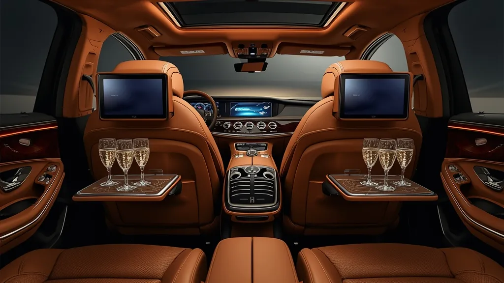Mercedes-Maybach S-Class rear executive lounge with reclining seats, champagne flutes, and entertainment screens.