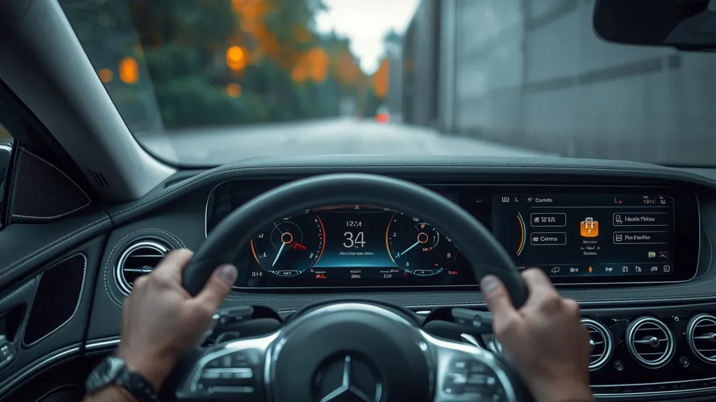 Mercedes-Maybach S-Class front cabin with large MBUX screen, digital cockpit, and premium materials for driver.