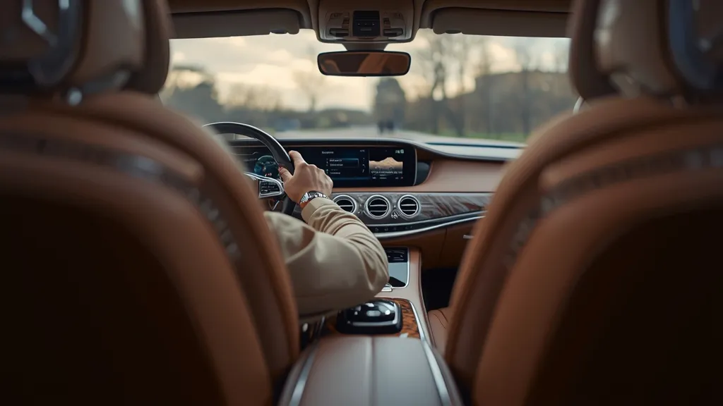 Maybach S580 infotainment system MBUX in rear, displaying advanced digital luxury features.