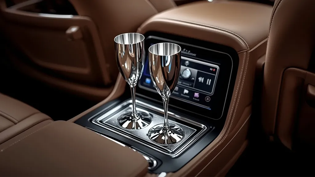 Mercedes-Maybach S580 champagne cooler and flutes, epitomizing bespoke luxury features.