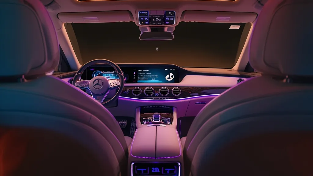 2024 Mercedes S-Class W223 interior with MBUX screen, luxury leather, and ambient lighting.