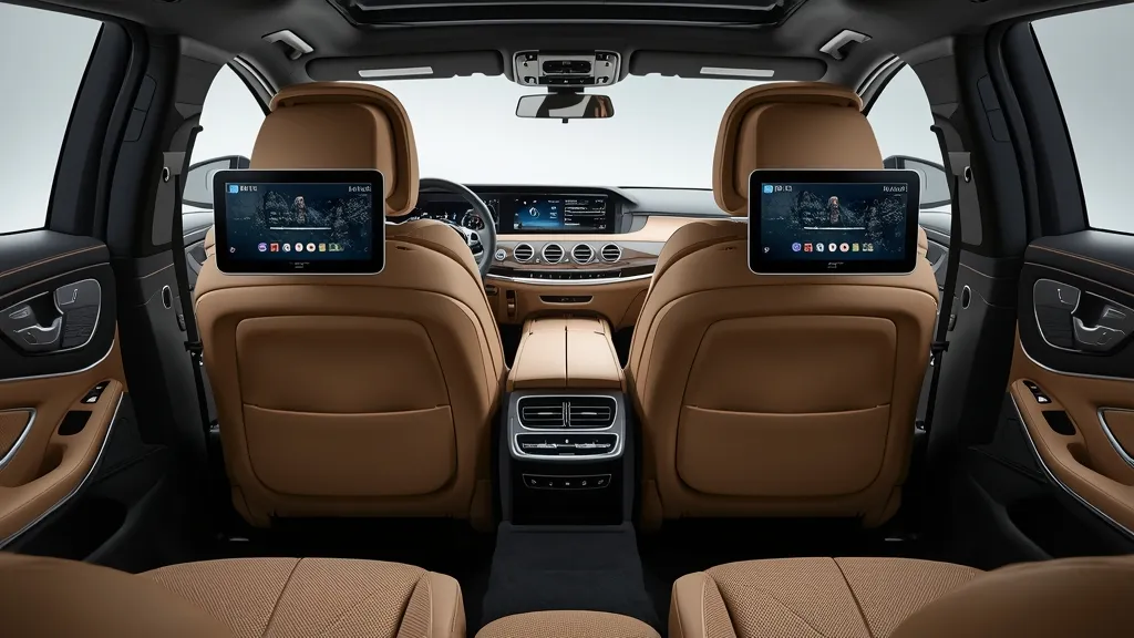 Mercedes S-Class rear seats, executive package, legroom, and entertainment screens.