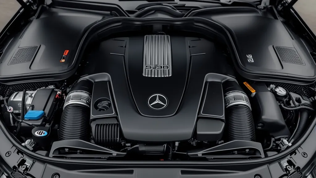 Mercedes S-Class engine bay, 3.0-liter inline-six diesel, EQ Boost technology.