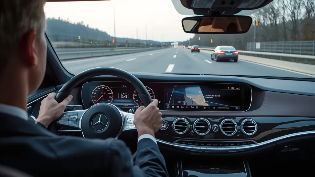 Mercedes S-Class driving on highway, semi-autonomous, active cruise control.