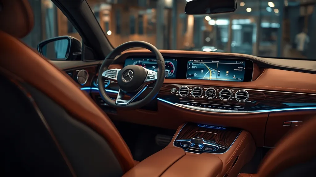 Luxurious Mercedes S350 interior with premium leather, wood trim, and advanced MBUX infotainment screen.