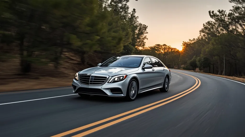 Mercedes S350 Luxury Sedan cruising smoothly on a scenic highway, demonstrating its refined ride quality.