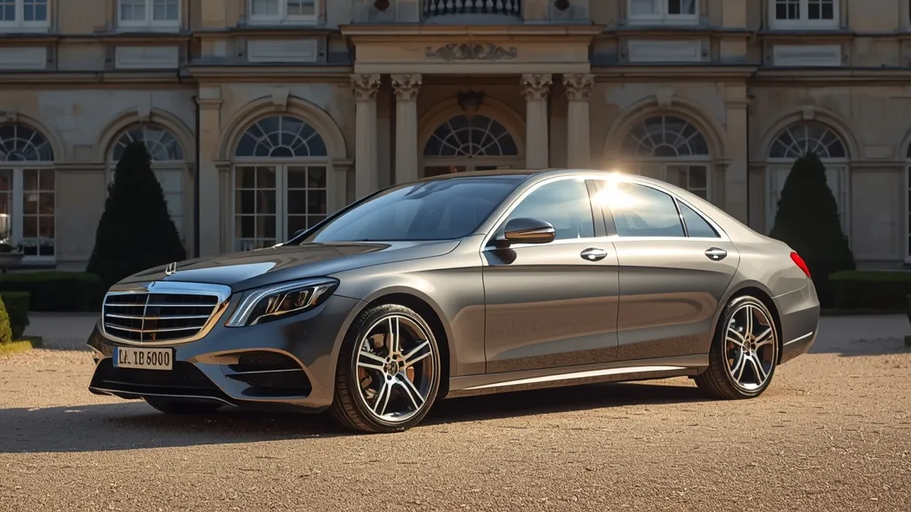 Elegant Mercedes S400 4MATIC sedan parked in front of a luxurious estate, showcasing its timeless design.