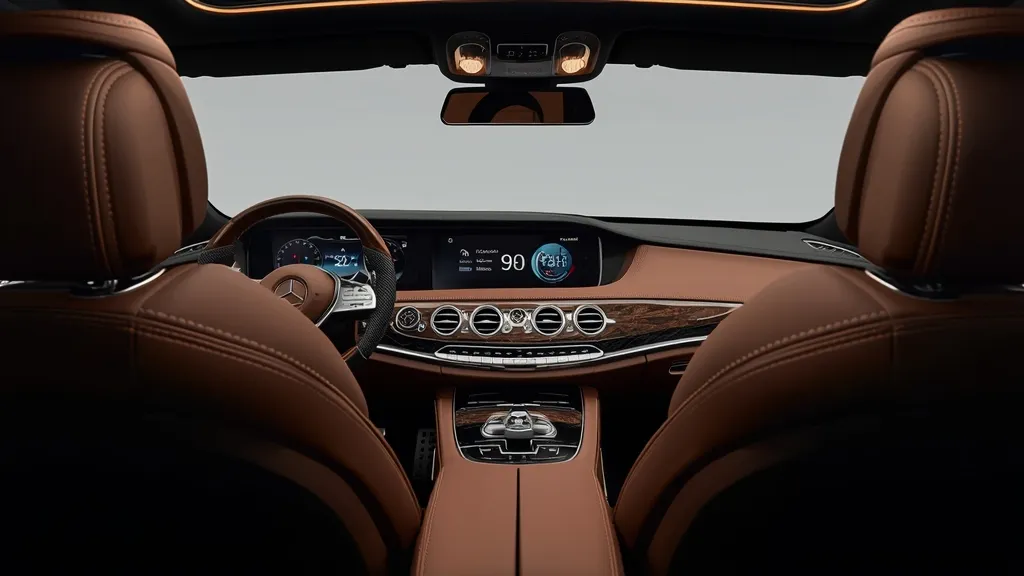 Luxurious interior of a Mercedes S400 4MATIC, showcasing dual screens, premium brown leather, and ambient lighting.