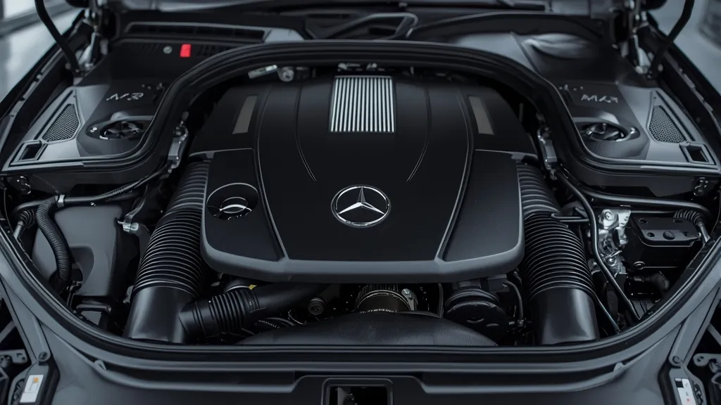 Close-up of the powerful 3.0L V6 twin-turbo engine in a Mercedes S400 4MATIC, highlighting its engineering.