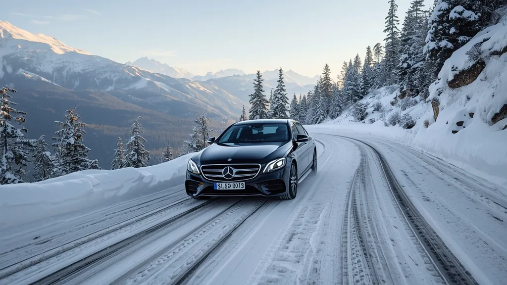 Mercedes S400 4MATIC driving confidently on a snow-covered mountain road, demonstrating 4MATIC capability.