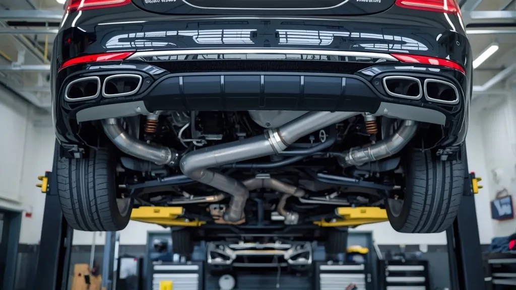 Mercedes S400 4MATIC on a lift, showing undercarriage components, including air suspension, for maintenance.