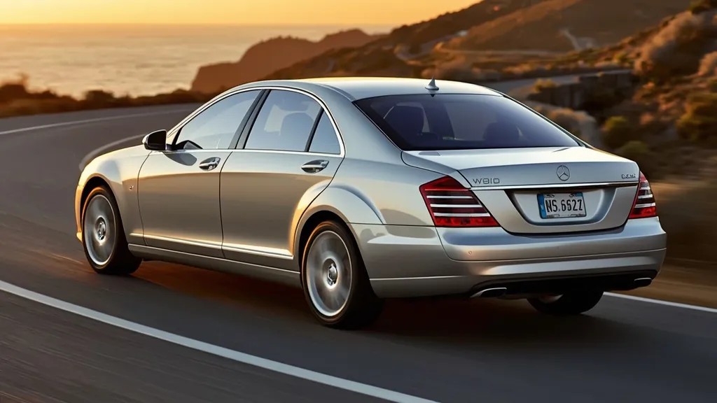 Mercedes S400 Hybrid (W221) on a scenic road, showcasing its classic luxury sedan design.