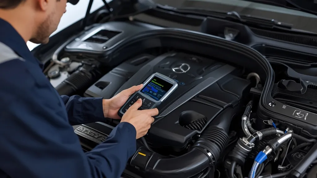 Mechanic diagnosing a Mercedes S400 Hybrid battery issue with diagnostic tools in a garage.