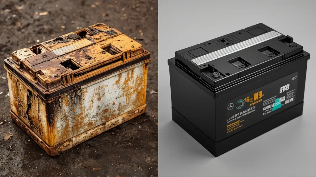 Side-by-side comparison of old, failed Mercedes S400 Hybrid battery pack and a new or reconditioned replacement.