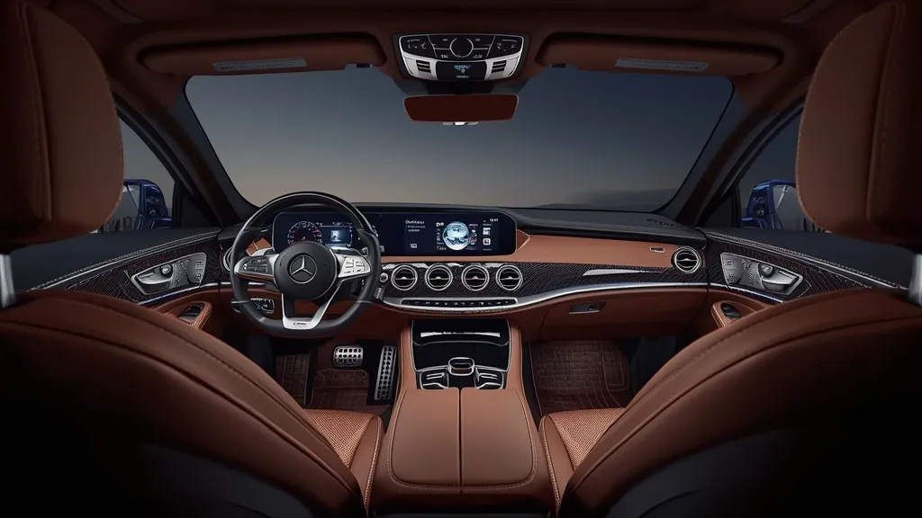 2024 S-Class S450 interior, MBUX infotainment, Nappa leather, digital cockpit, ambient lighting.