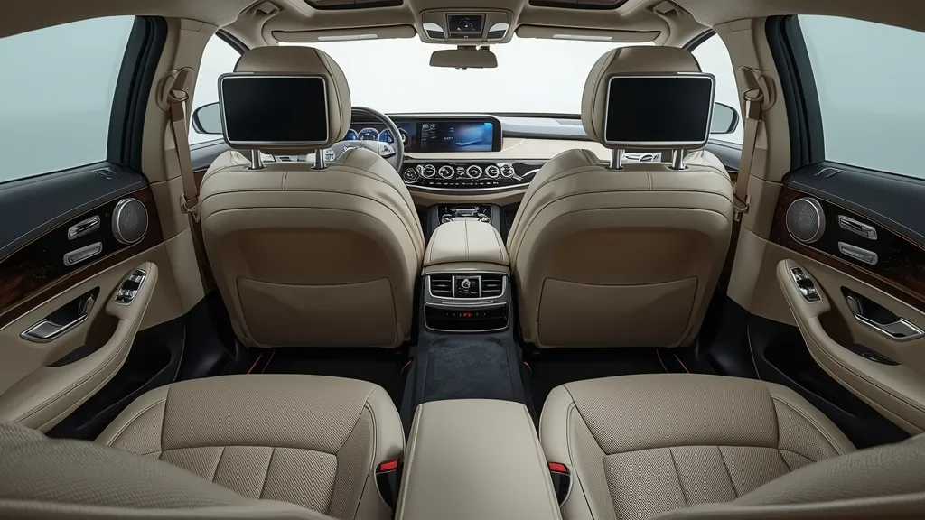 2024 Mercedes S450 rear passenger comfort, spacious Nappa leather, luxury sedan amenities, rear screens.