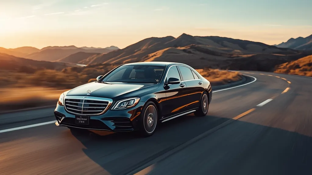 Mercedes S450 2024 driving on highway, air suspension ride quality, smooth handling, scenic road.