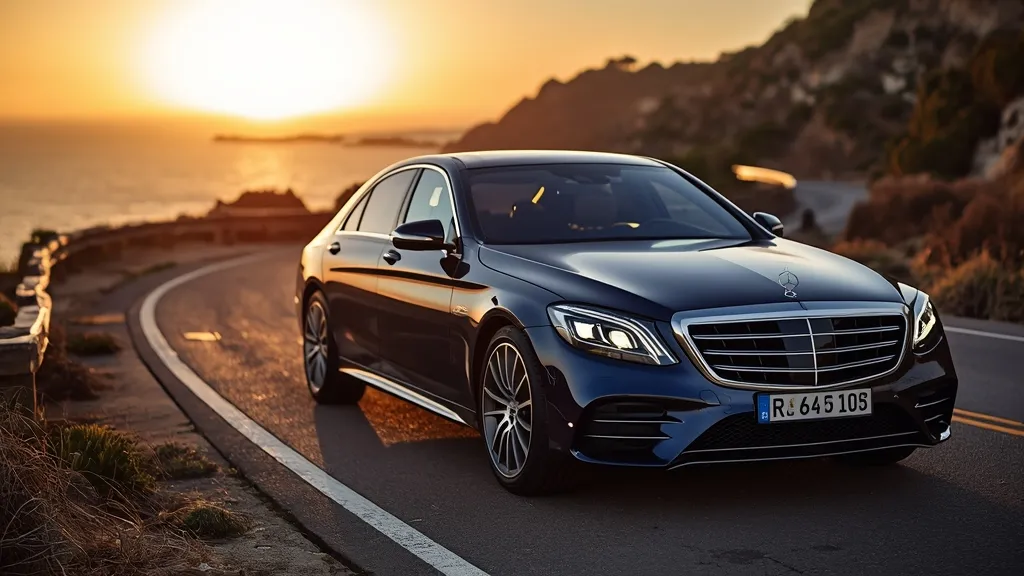 Mercedes S450 4MATIC's elegant exterior, showcasing its modern design and prestigious presence on a scenic road.