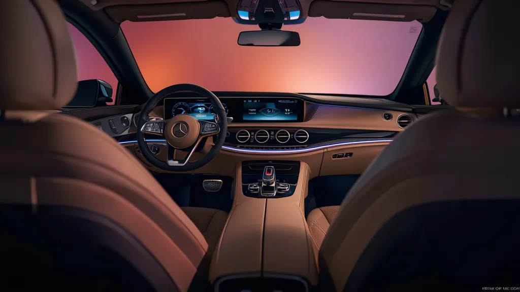 Luxurious interior of the Mercedes S450 4MATIC, featuring MBUX screens, premium leather, and ambient lighting.