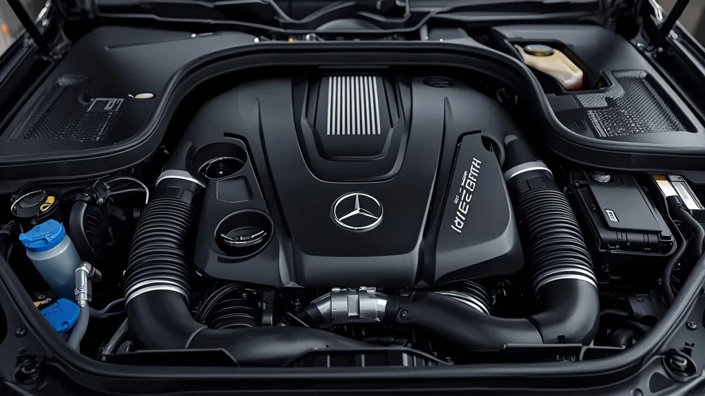 Close-up of the Mercedes S450 4MATIC's engine bay, highlighting the EQ Boost mild-hybrid system components.