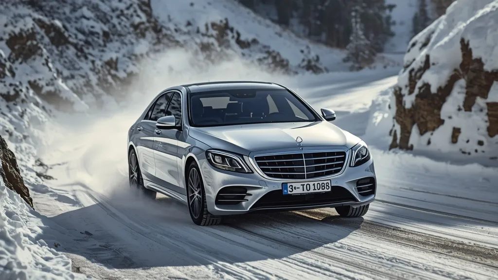 Mercedes S450 4MATIC driving confidently on a snowy mountain road, demonstrating its 4MATIC all-wheel-drive capability.