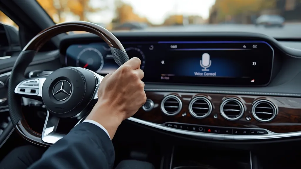 Driver interacting with the advanced MBUX infotainment system in a Mercedes S450 4MATIC, showcasing voice control.