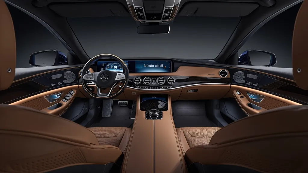 Mercedes S500 2024 interior, MBUX infotainment, luxury digital cockpit, premium materials.