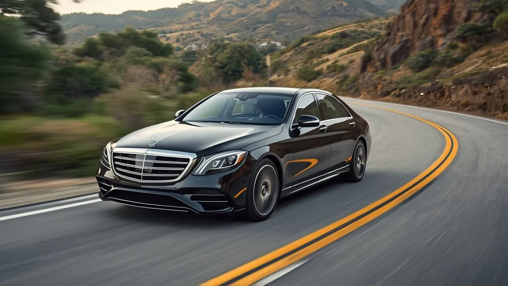 Mercedes S500 2024 driving, Airmatic suspension comfort, smooth ride, executive sedan.