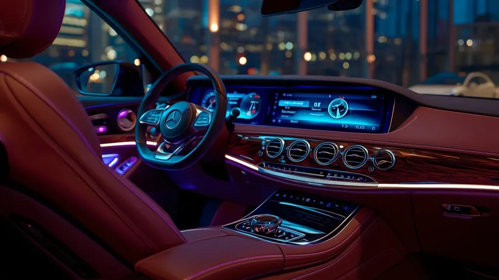 Luxurious interior of a Mercedes S500 4MATIC, highlighting the MBUX screen, leather, and ambient lighting.