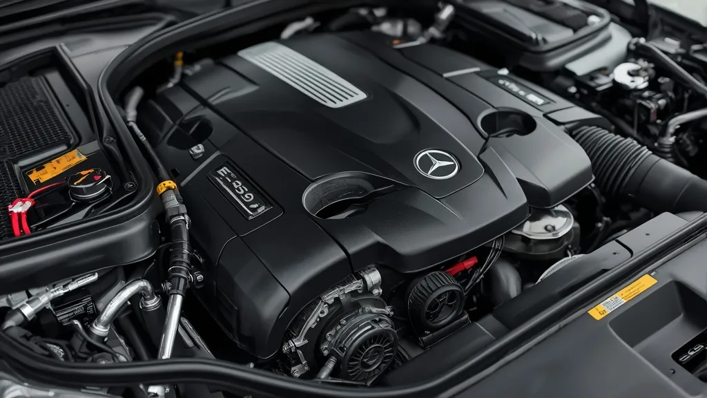 Detailed view of the W223 S500 M256 engine with EQ Boost, showcasing advanced hybrid technology.